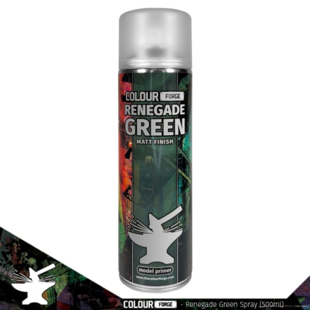 A 500ml aerosol can of Colour Forge Renegade Green Spray Primer featuring a deep green color-coded cap and professional hobby branding.