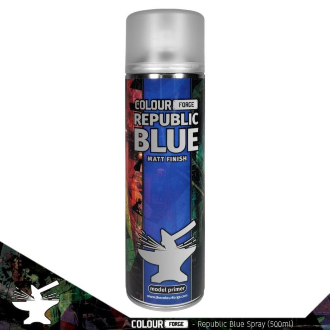 A professional 500ml aerosol can of Colour Forge Republic Blue Spray Primer featuring a deep blue color-coded cap and clear hobby branding.