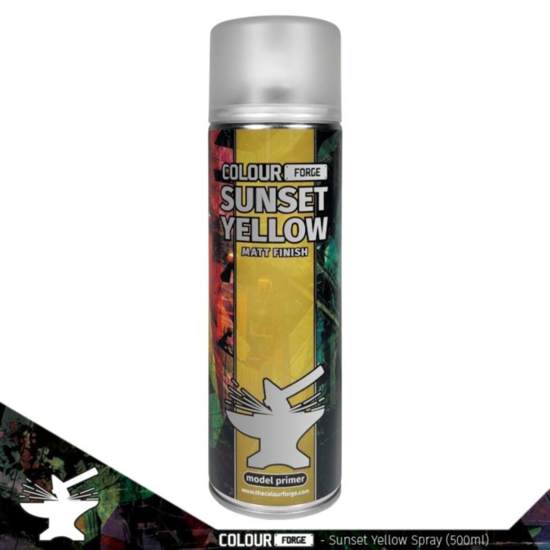 A 500ml aerosol can of Colour Forge Sunset Yellow Spray Primer with a vibrant yellow color-coded cap and professional hobby branding.