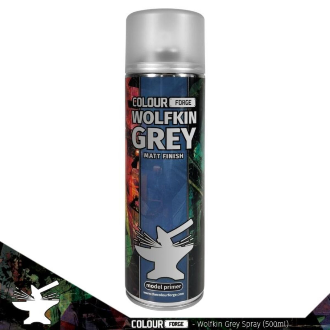 A professional 500ml aerosol can of Colour Forge Wolfskin Grey Spray Primer featuring a desaturated blue-grey color-coded cap and clear hobby branding.