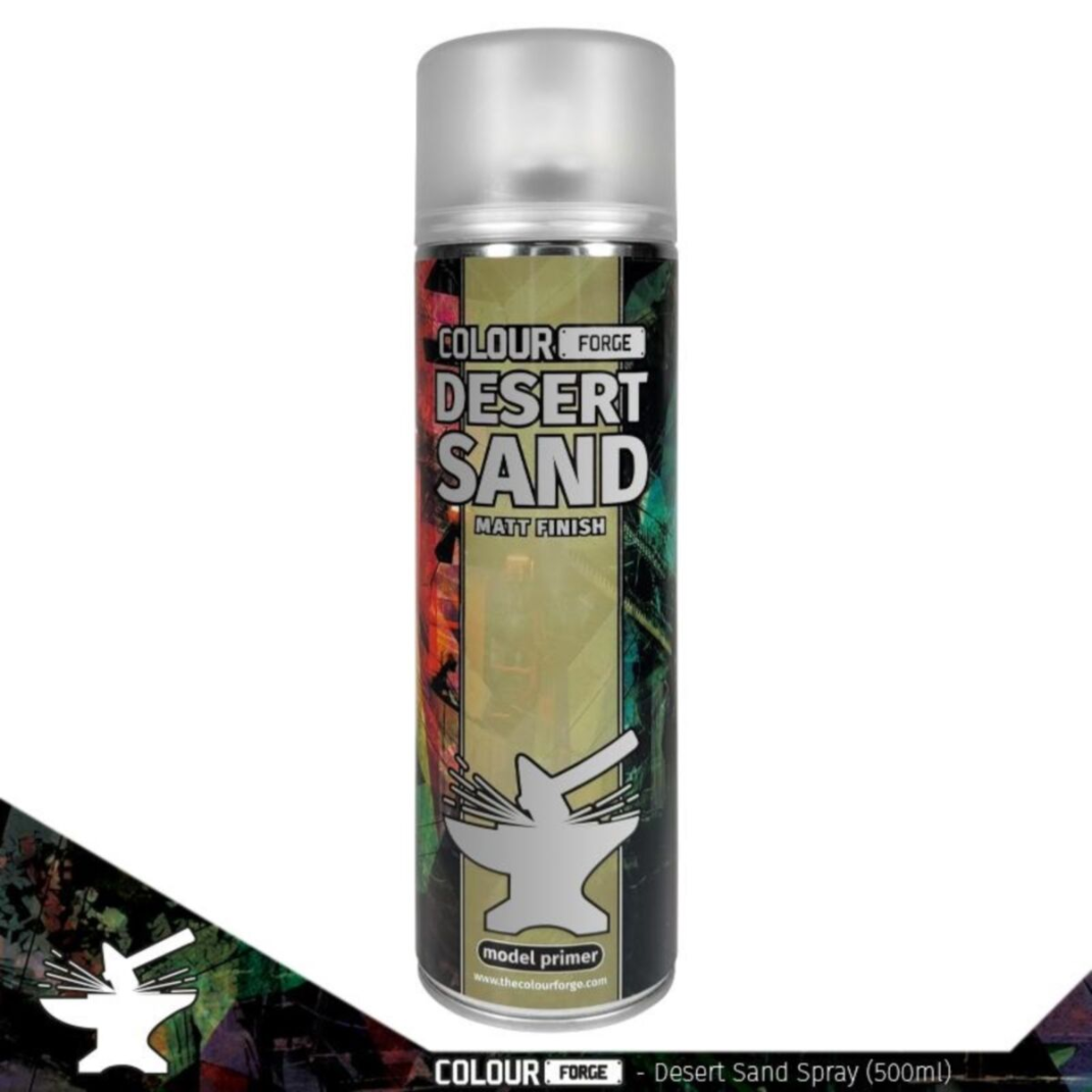 A 500ml can of Colour Forge Desert Sand Aerosol Spray Primer featuring the distinctive desert sand colour cap and professional labeling.