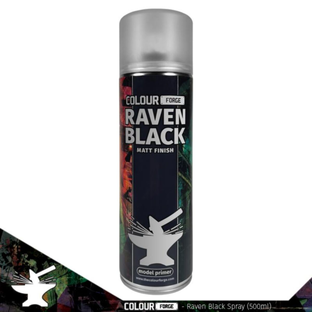 A 500ml aerosol can of Colour Forge Raven Black spray primer featuring a dark charcoal-black cap and professional matte labelling.