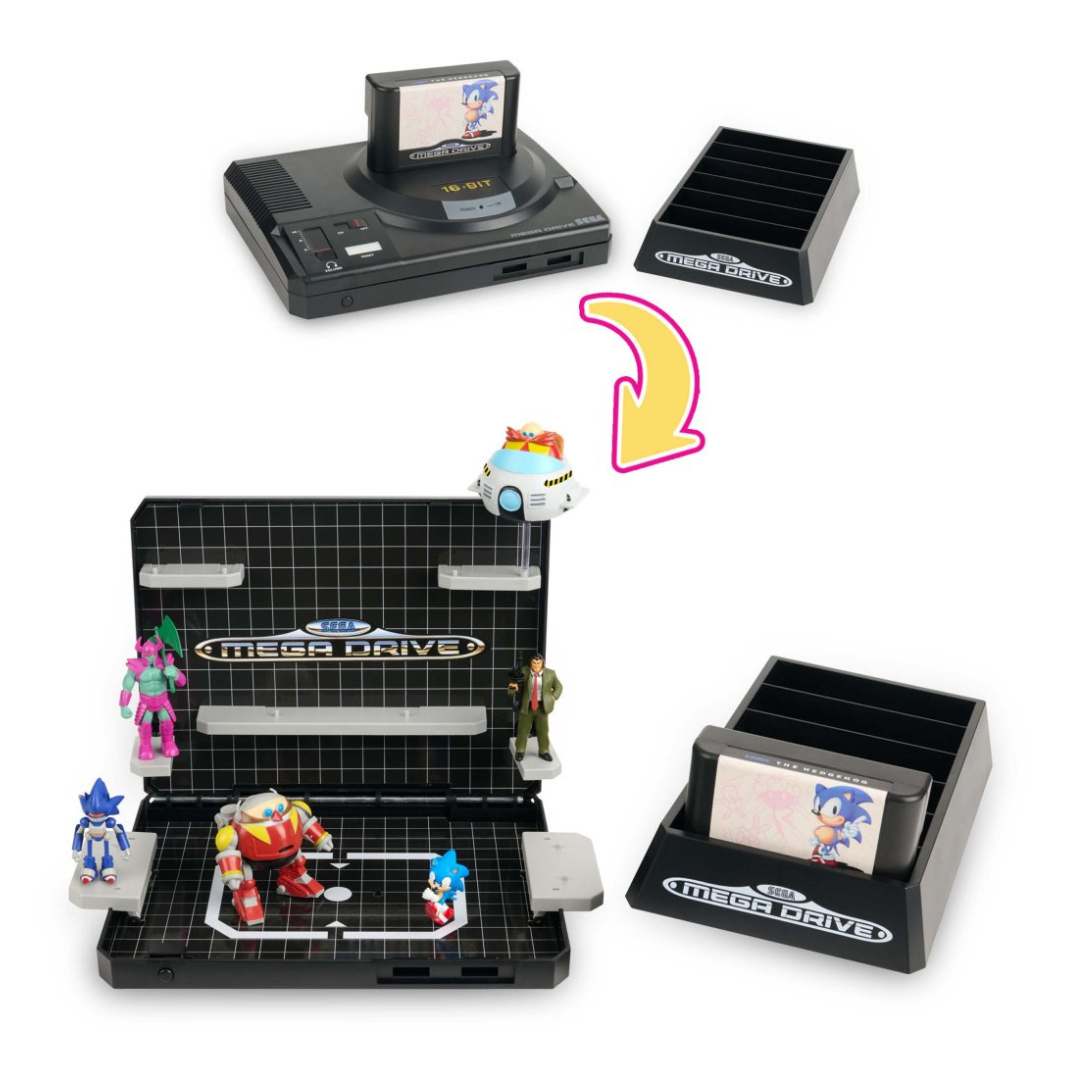 Console Heroes: Sega Mega Drive Display Console Supervillain Boss Bundle, shown open to display the included figures (Mecha Sonic, Mecha Robotnik, Mr. X, Death Bringer) and the exclusive Sonic the Hedgehog 1 diorama cartridge.