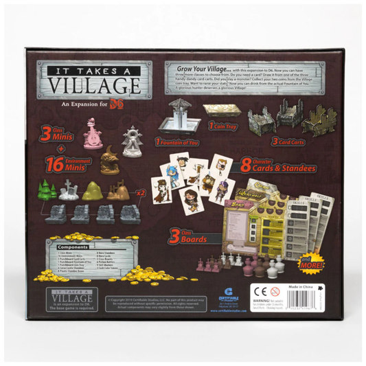 The D6: It Takes A Village expansion box, showing the new hero boards for the Bard and Werewolf alongside the specialized card carts and coin tray.