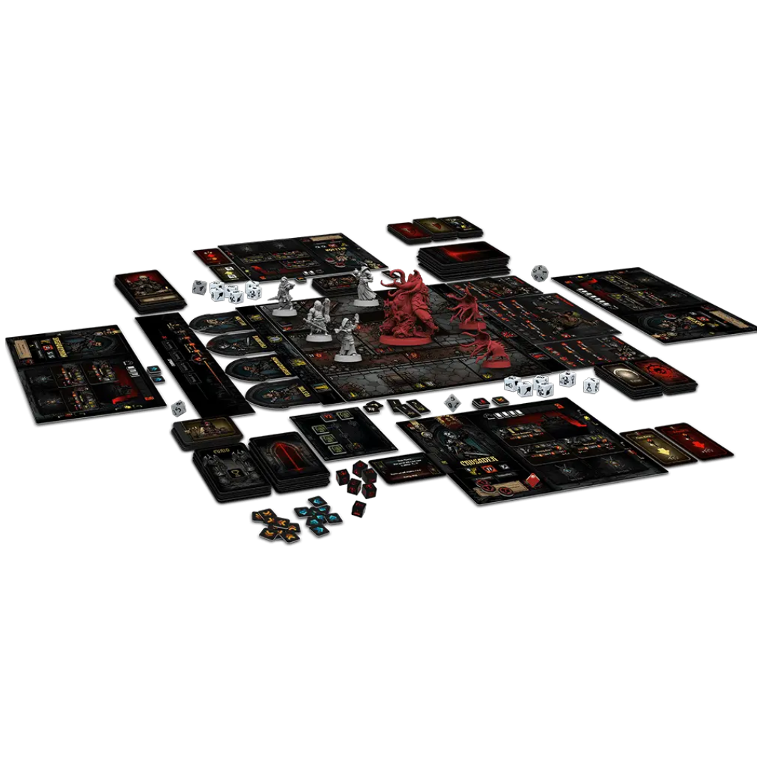 Darkest Dungeon: The Board Game Core Box and Minis Box showing the gothic art style and several high-detail miniatures of heroes and eldritch monsters.