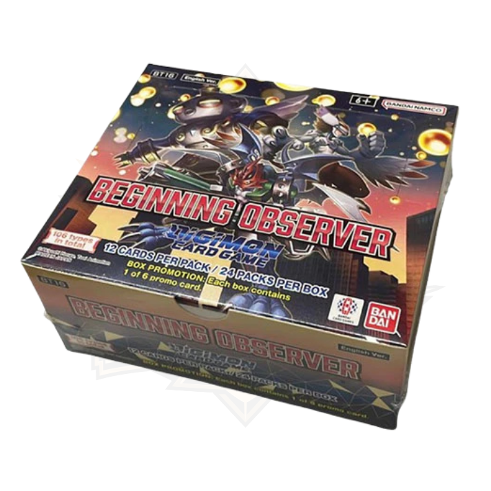 Digimon Card Game Beginning Observer BT16 booster box with dynamic Digimon art and branding.