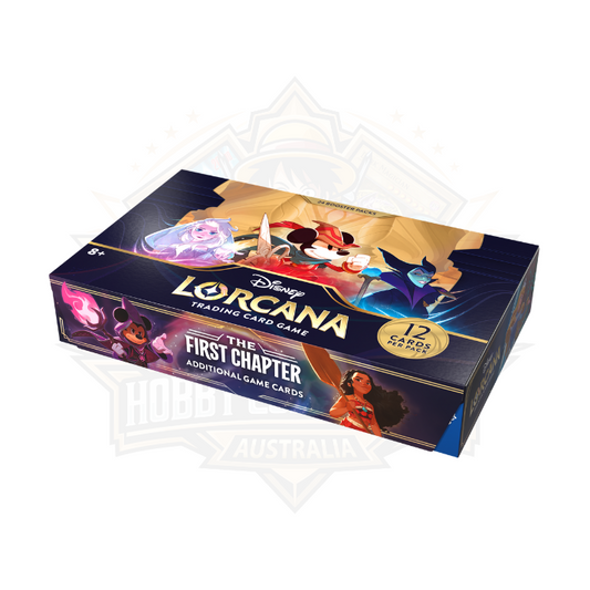 Disney Lorcana The First Chapter Booster Box Display – 24 sealed booster packs with Disney TCG cards and artwork.