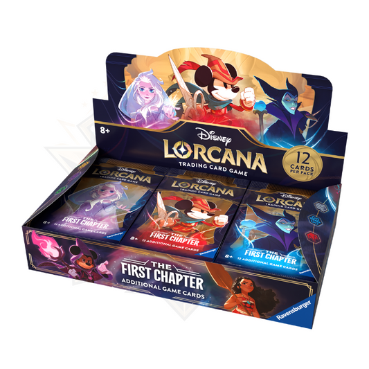 Disney Lorcana The First Chapter Booster Box Display – 24 sealed booster packs with Disney TCG cards and artwork.