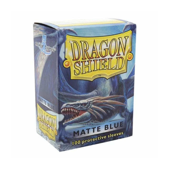 Dragon Shield Blue Matte Sleeves – 100-count pack of standard-sized card sleeves with textured matte finish.