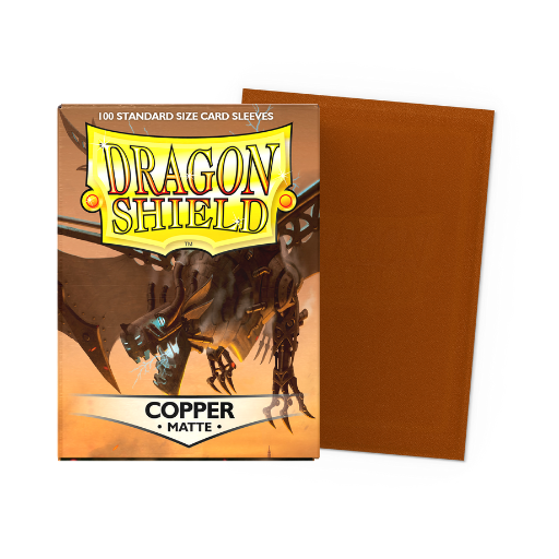 A box of 100 Dragon Shield Matte Copper card sleeves for standard size TCGs, showing the metallic textured back and clear front.