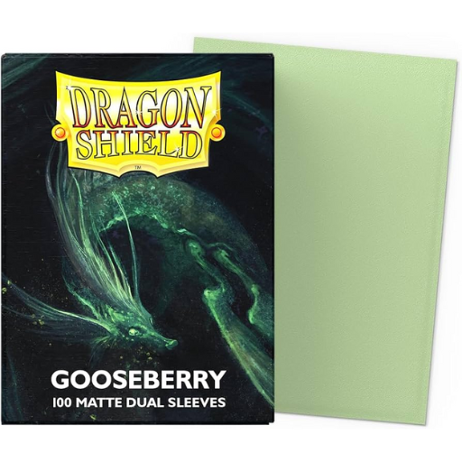 A box of 100 Dragon Shield Matte Dual Gooseberry sleeves, showing the deep purple textured exterior and the signature opaque black interior.f