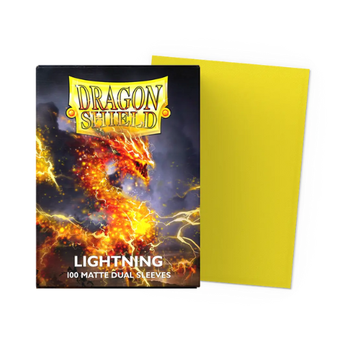 A box of 100 Dragon Shield Matte Dual Lightning sleeves, showing the vibrant yellow textured exterior and the signature opaque black interior.