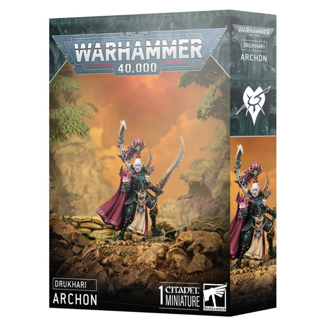 Drukhari Archon miniature kit – 2025 release for Warhammer 40,000, fully customisable with blast pistol, huskblade, and splinter-pistol options.