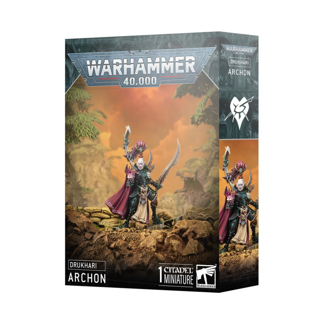 Drukhari Archon miniature kit – 2025 release for Warhammer 40,000, fully customisable with blast pistol, huskblade, and splinter-pistol options.