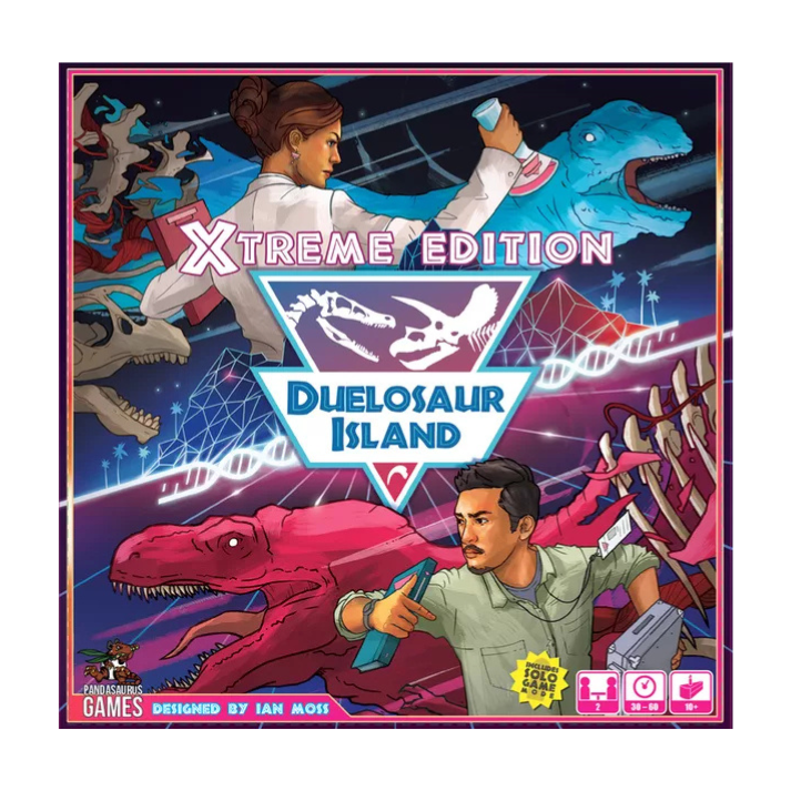 Duelosaur Island: X-Treme Edition board game box showcasing exclusive artwork and components