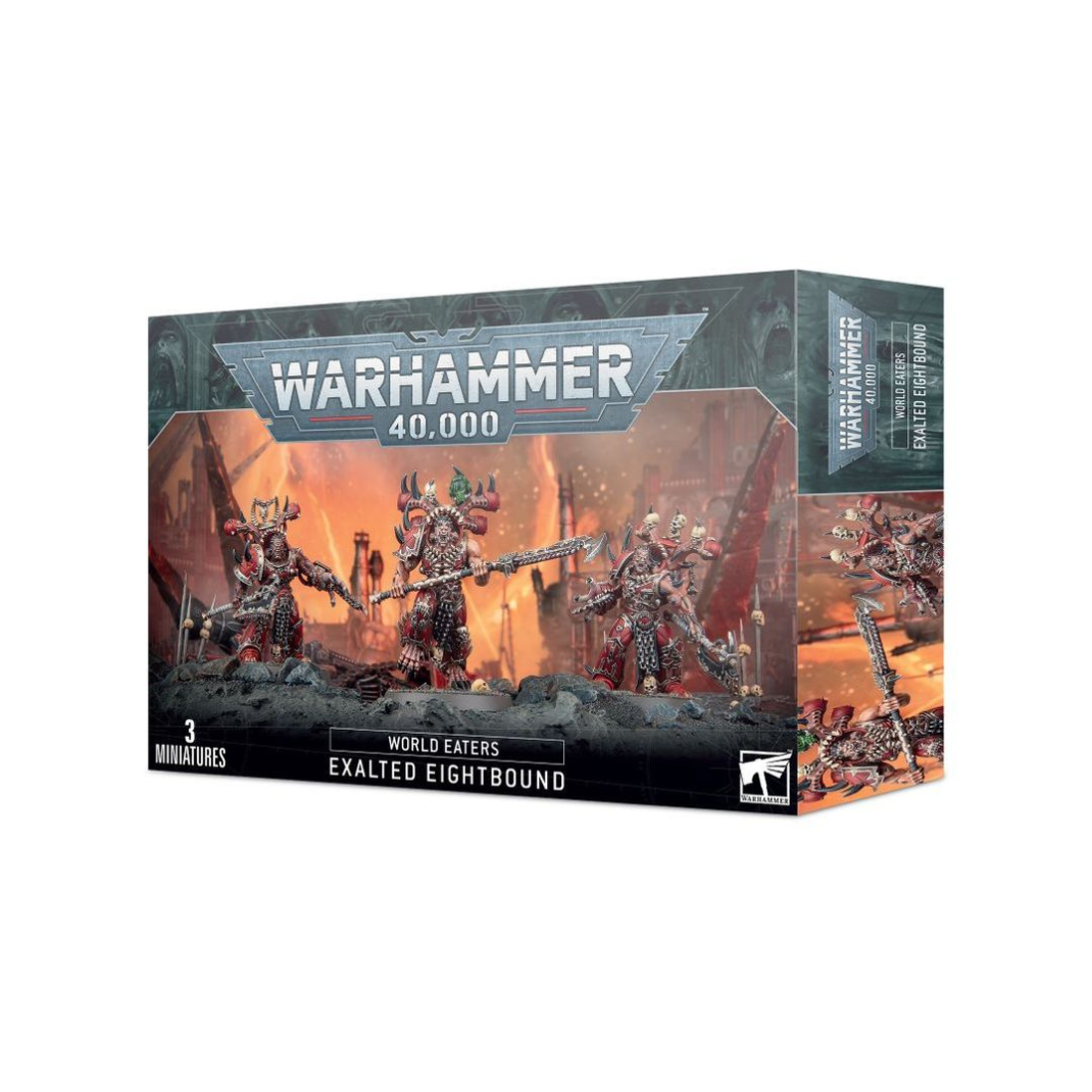 Multipart plastic kit for the World Eaters Exalted Eightbound, showing three heavily mutated Space Marines wielding chainfists and heavy chainglaives, painted in red and brass Khorne colours.