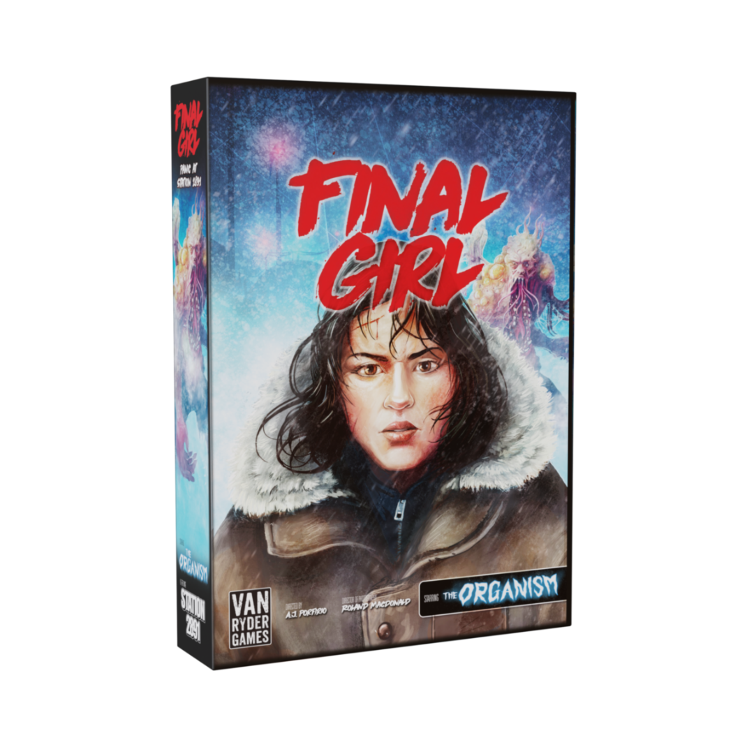 The Final Girl: Panic at Station 2891 box featuring a snowy, frozen research station and the silhouette of a monstrous organism.