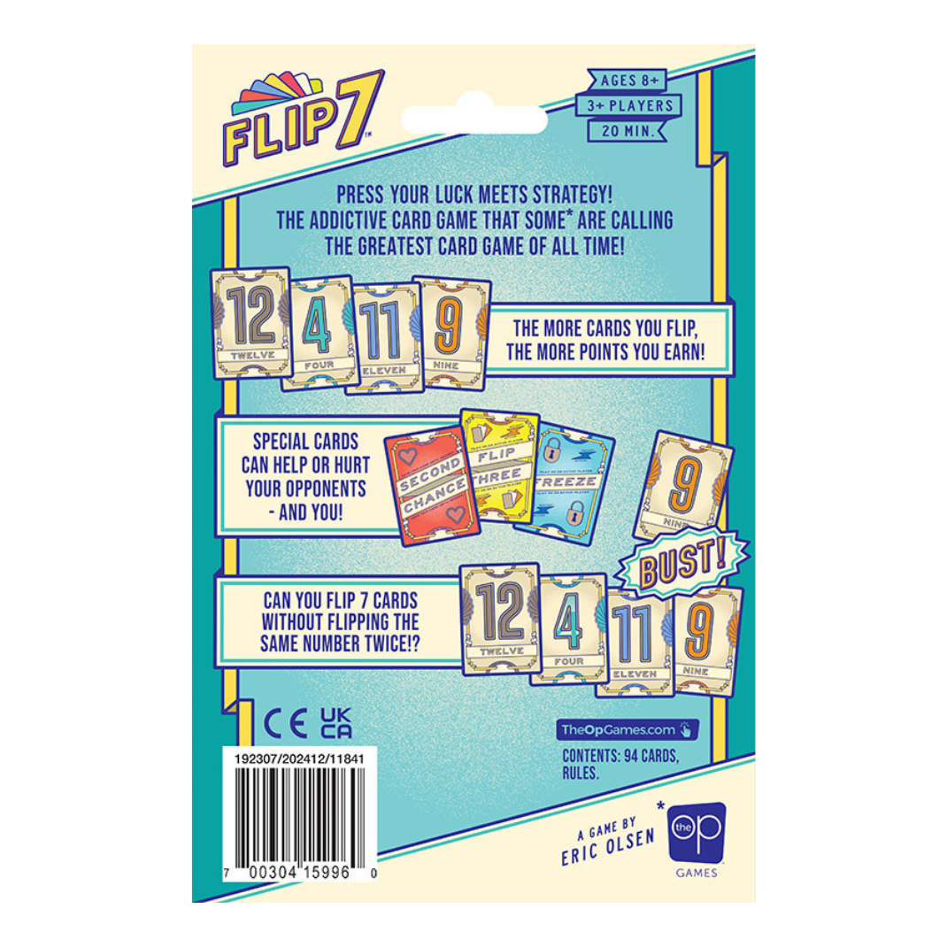 The box art for the Flip 7 Card Game (Hangsell Edition), a fast-paced family card game for 2 to 6 players, showing colorful cards and game branding.