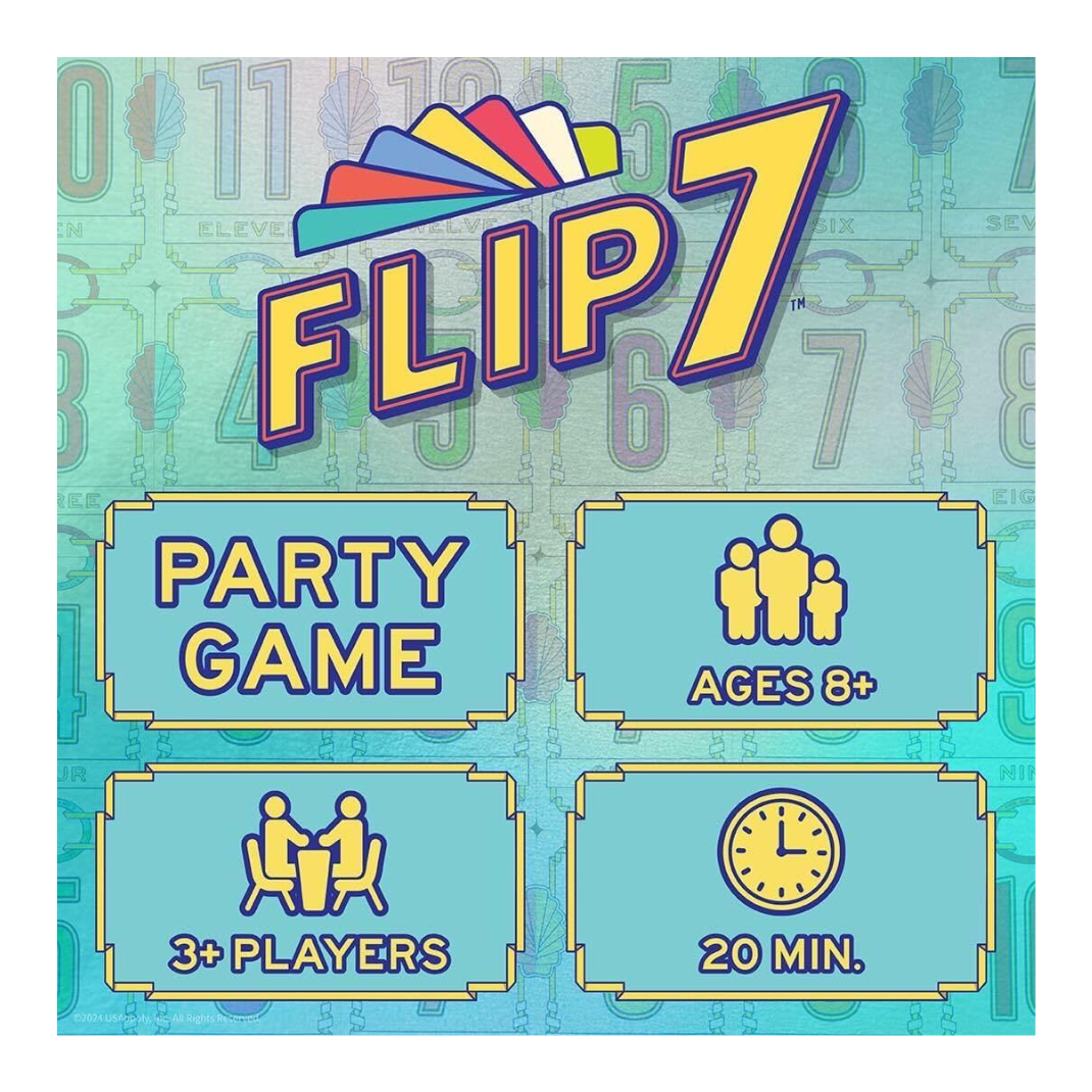 The box art for the Flip 7 Card Game (Hangsell Edition), a fast-paced family card game for 2 to 6 players, showing colorful cards and game branding.