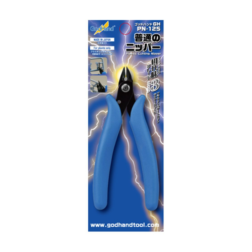 Godhand PN-125 Standard Nipper in blue packaging, featuring the durable double-edged blades and ergonomic blue grips for plastic model assembly.