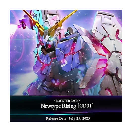 Gundam trading card game booster display featuring Newtype Rising GD01, release date July 25, 2025