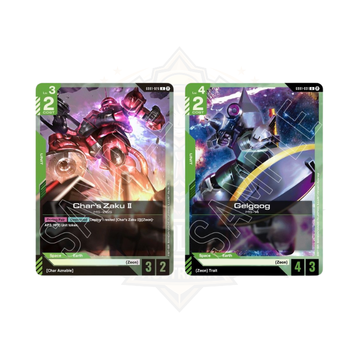 Gundam trading card game booster display with Char's Zaku II and Gelgoog cards