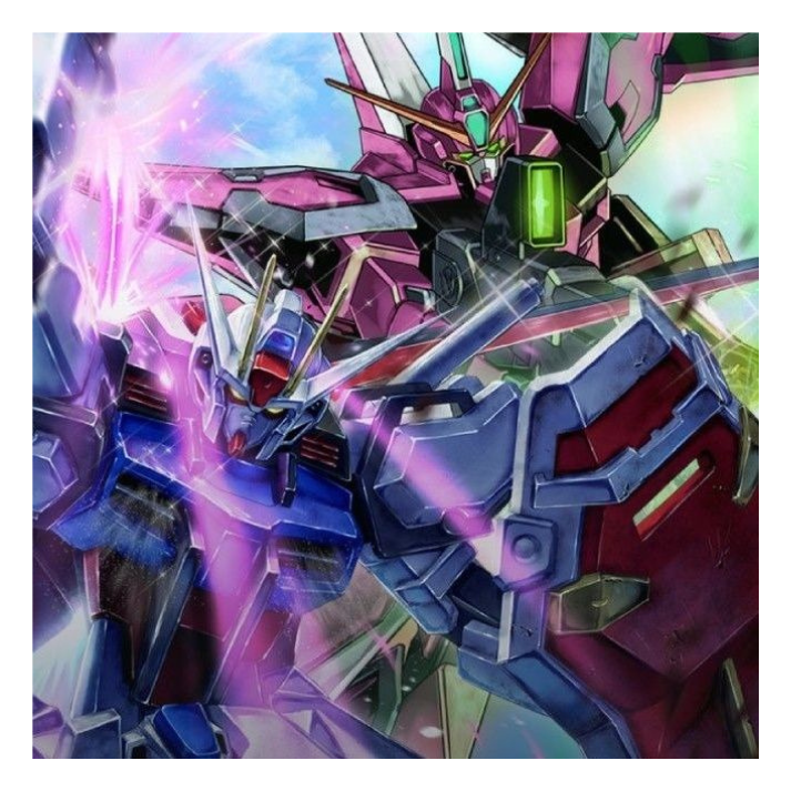 Two colorful Gundam robots in dynamic battle, vibrant trading card game artwork.