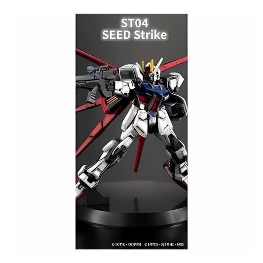 Gundam SEED Strike ST04 trading card game starter set display with detailed mecha figure