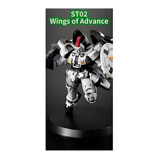 White Gundam Wing model figure from ST02 Wings of Advance set on black display stand