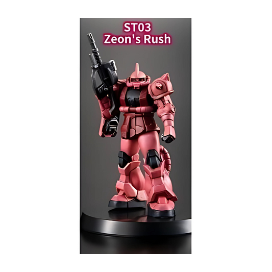 Gundam Zeon's Rush ST03 miniature figure holding a gun, displayed on a stand