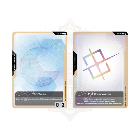 Official trading card game EX Base and EX Resource tokens, side by side on white background.