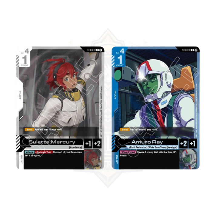 Gundam trading card game cards featuring anime pilots in detailed suits and cockpit backgrounds
