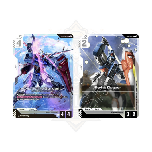 Gundam card game cards featuring Aile Strike Gundam and Strike Dagger mechs artwork
