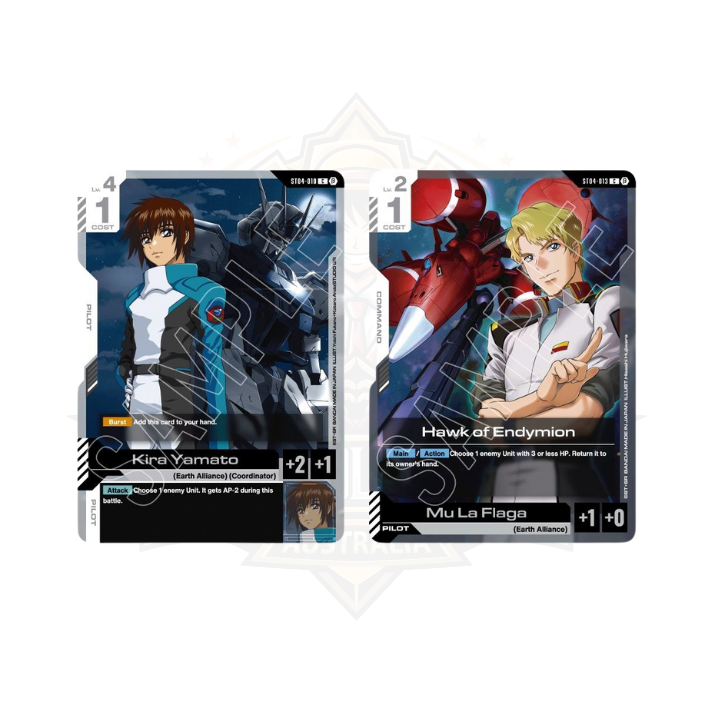 Gundam trading card game cards featuring Kira Yamato and Mu La Flaga with mecha artwork