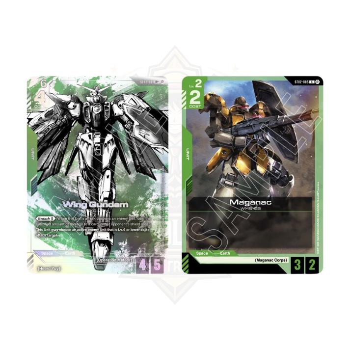 Gundam trading card game cards featuring Wing Gundam and Maganac units, green design