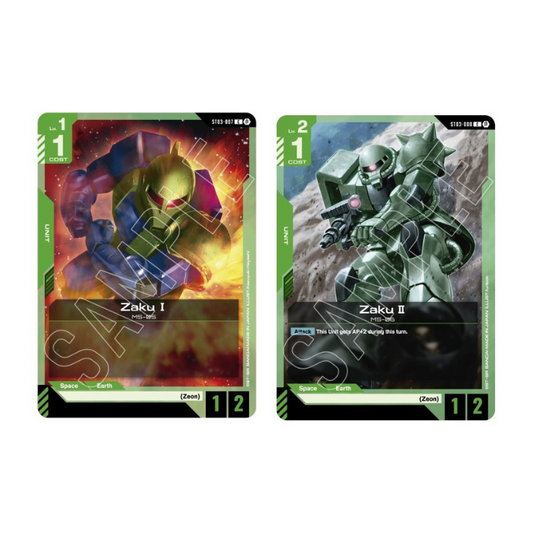 Gundam card game starter deck display with Zaku I and Zaku II Zeon unit cards