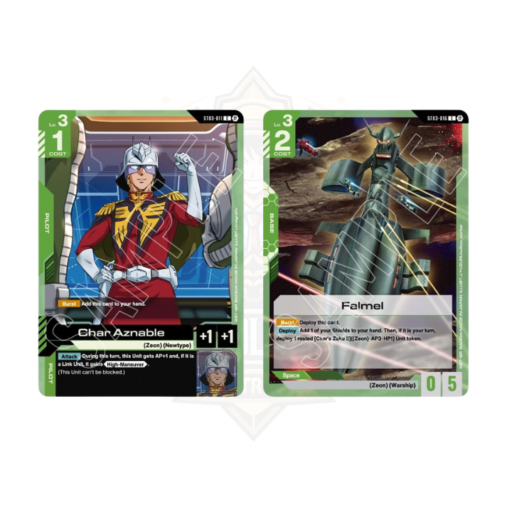 Gundam card game starter deck cards featuring Char Aznable and Falmel warship artwork