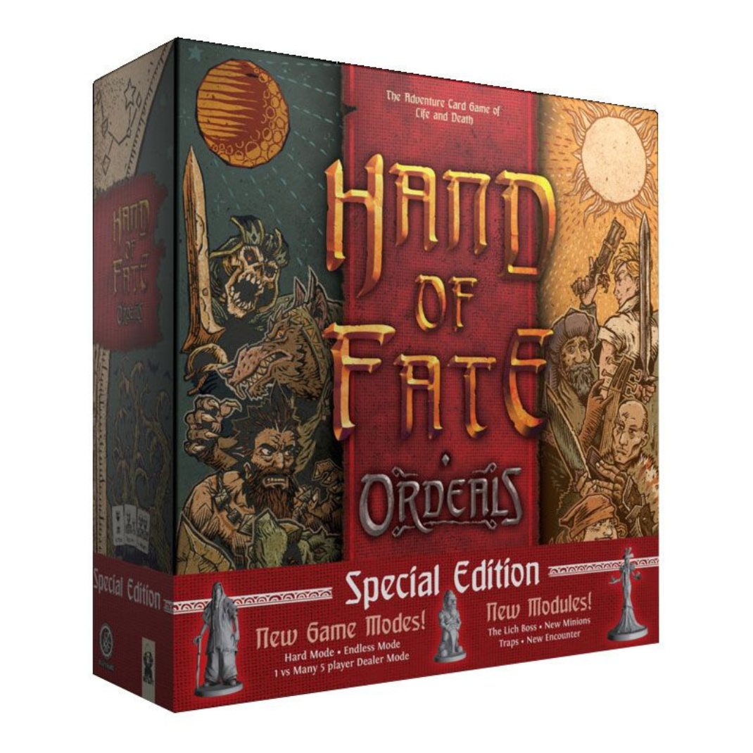 The Hand of Fate: Ordeals Special Edition box, showing the Dealer's mask and various tarot-style cards, with wooden food and health tokens displayed.