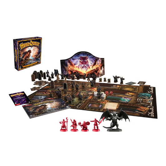 HeroQuest: First Light board game box with hero miniatures, dragon boss figure, and double-sided game board displayed