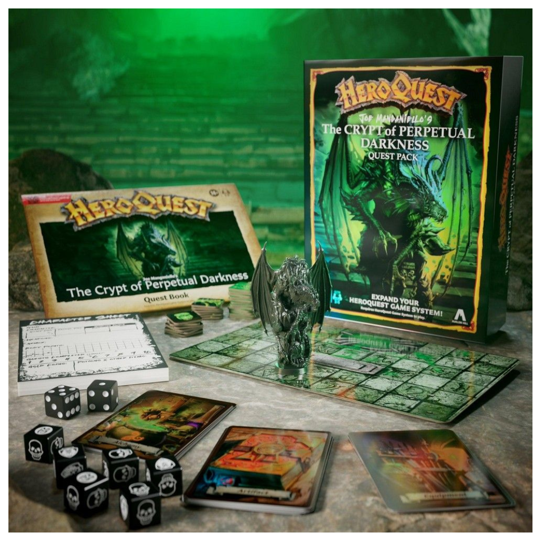 The box art for HeroQuest: Joe Manganiello’s The Crypt of Perpetual Darkness, showing a group of heroes encountering a large black dragon in a gothic dungeon.
