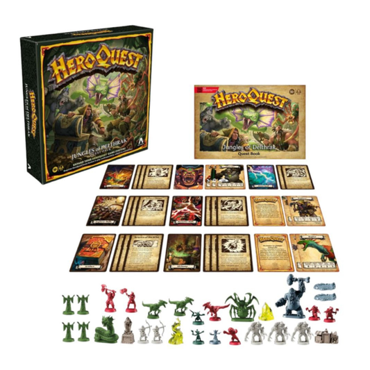 HeroQuest Jungles of Delthrak expansion components and miniatures