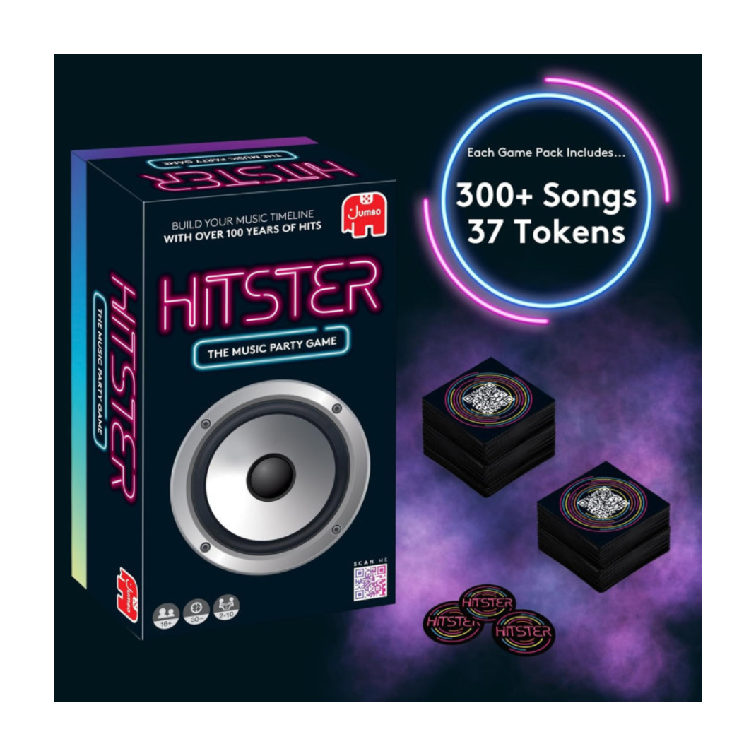 Box art for the Hitster music party game, featuring vibrant colorful typography and a DJ-inspired aesthetic with QR-coded music cards.