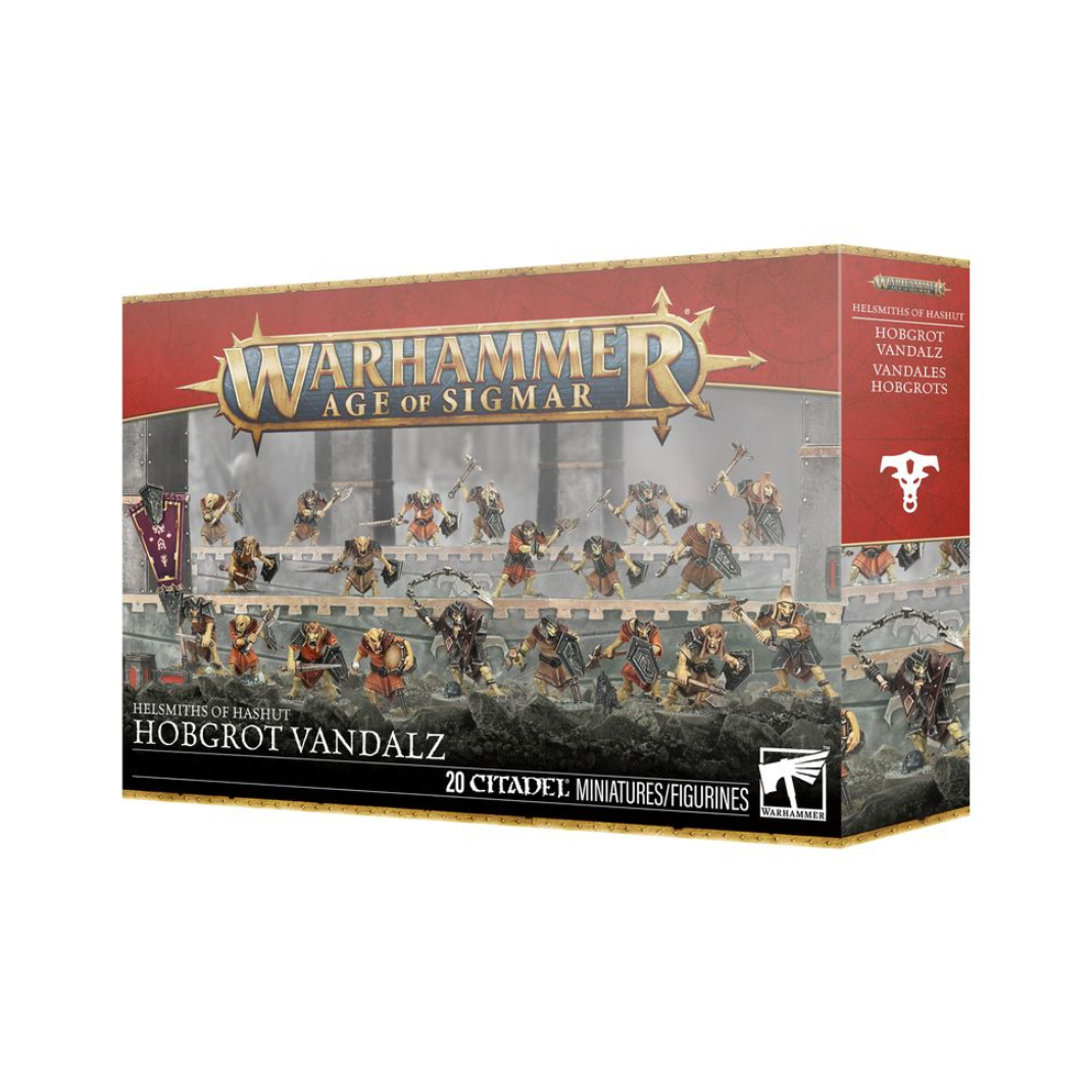 Multipart plastic kit building 20 Hobgrot Vandalz miniatures, depicted as a mob of Chaos-aligned greenskin infantry armed with simple, scavenged weapons for the Helmsmiths of Hashut army in Age of Sigmar.