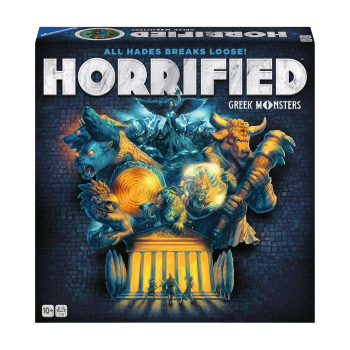 Horrified Greek Monsters board game box featuring illustrated mythical Greek creatures and a temple.