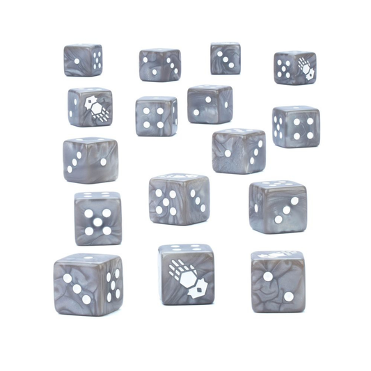 Iron Hands Dice set featuring metallic grey swirl acrylic with white ink markings