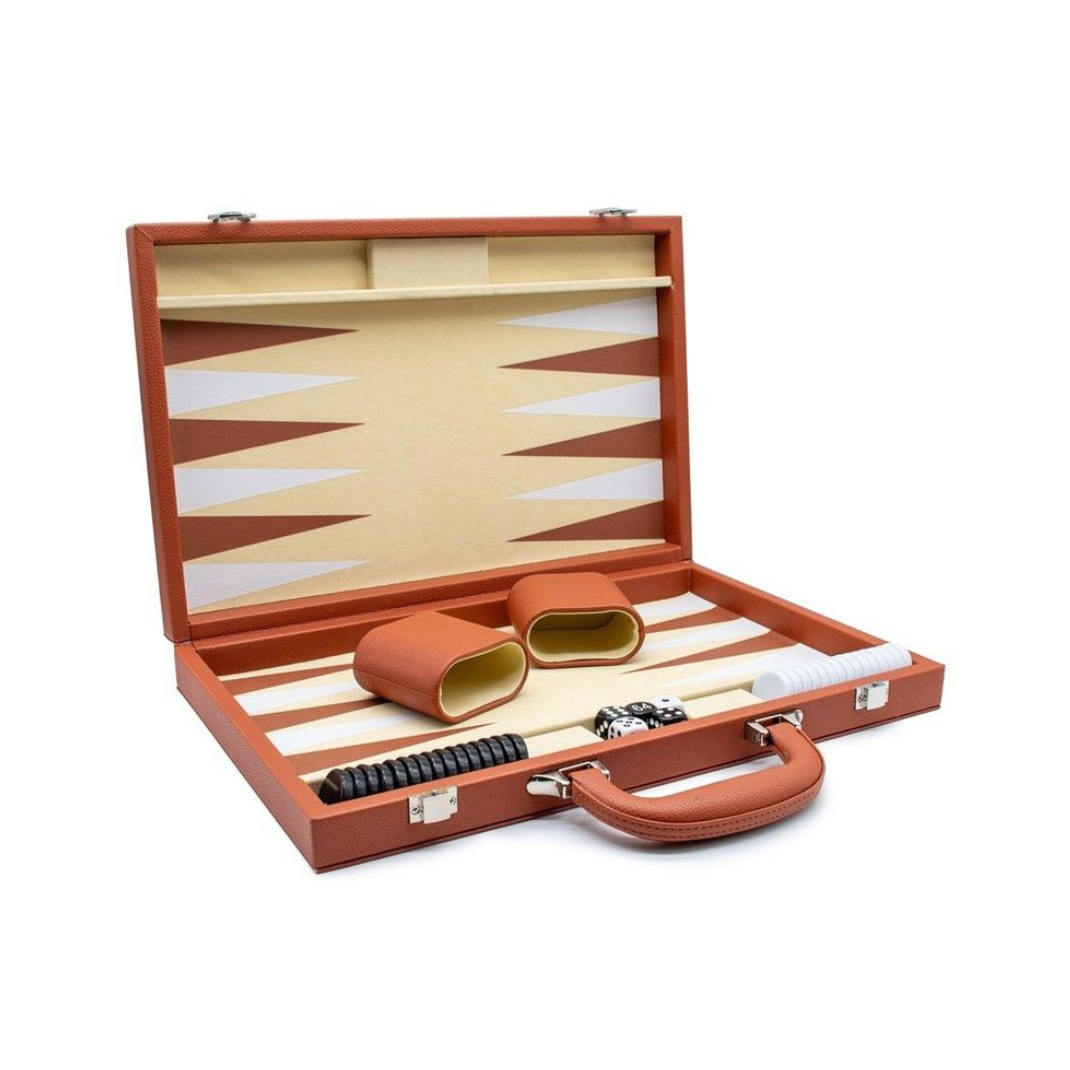 An open LPG Classics brown leather backgammon attache case showing the internal playing field with white and brown points, chunky playing chips, and matching shakers.