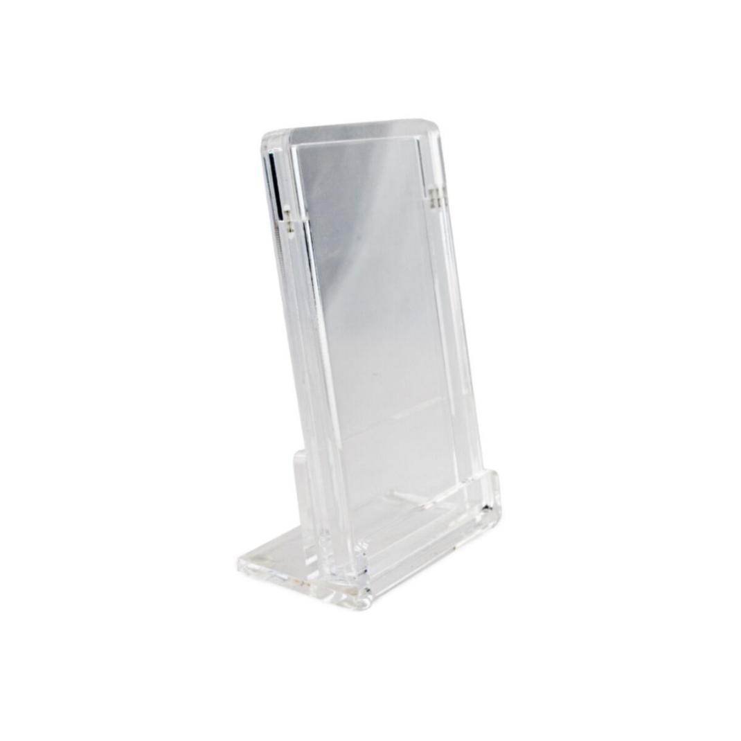 Clear acrylic booster pack display case on its stand, side view