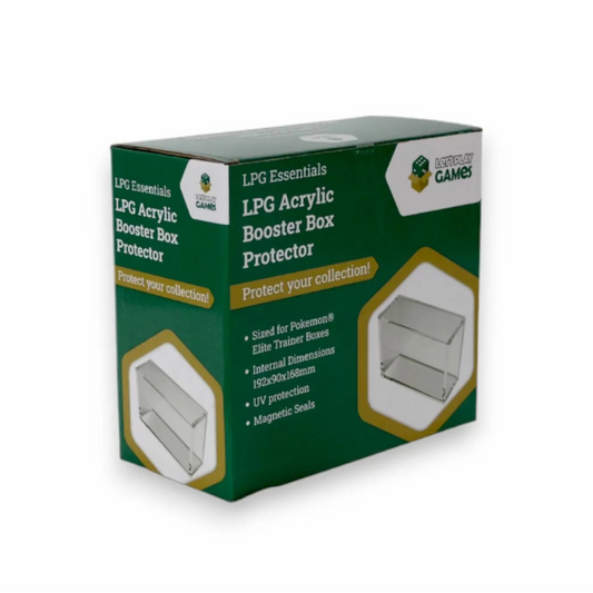 LPG Essentials Acrylic Collector Box housing a Pokémon Elite Trainer Box – stackable with UV protection