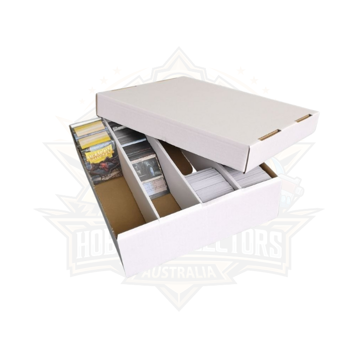 3200 count white trading card storage box with lid, filled with collectible cards