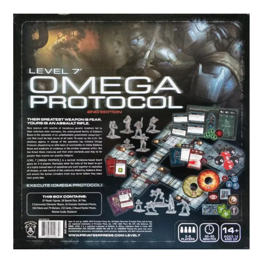 Level 7: Omega Protocol (2nd Edition) board game components including miniatures, map tiles, cards, and tokens
